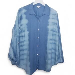 J Jill Linen Blend Tie Dye Blue Roll-Tab Sleeve Button Up Shirt - Size XL